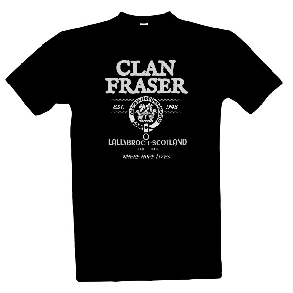 Tričko s potiskem Outlander motiv s Clan Fraser –  Lallybroch bílá verze