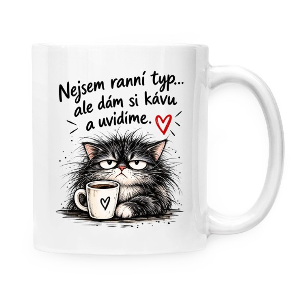Hrnek malý bílý s potiskem Nejsem ranní typ – po kafi uvidíme