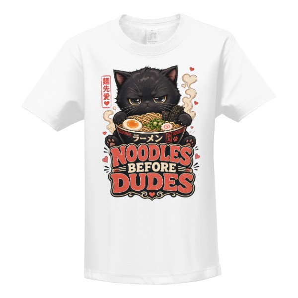 Tričko s potiskem Ramen - Noodles Before Dudes černá kawaii kočka 