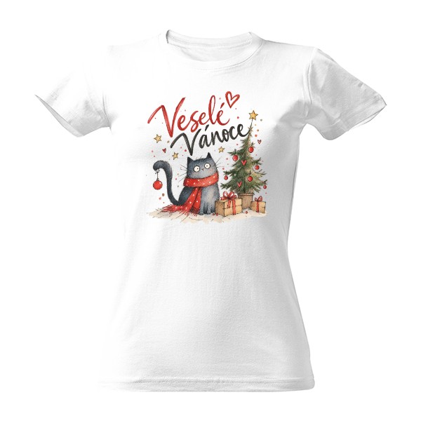 Tričko s potiskem Veselé Vánoce - Vánoční kočička